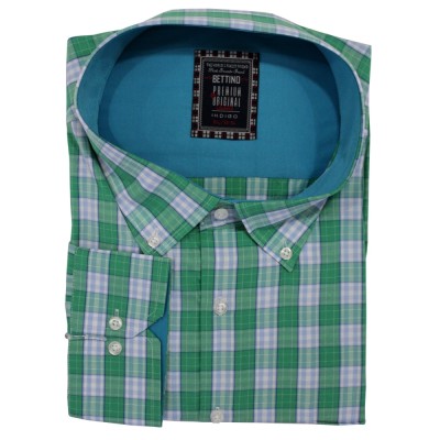 Camasa  barbateasca maneca lunga in carouri multicolore alb-bleu-verde