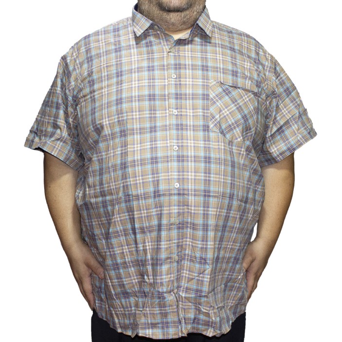 Camasa barbateasca maneca scurta in carouri bej-maro-bleu