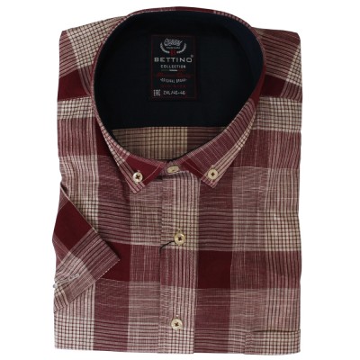 Camasa barbateasca maneca scurta in carouri bej-rosu